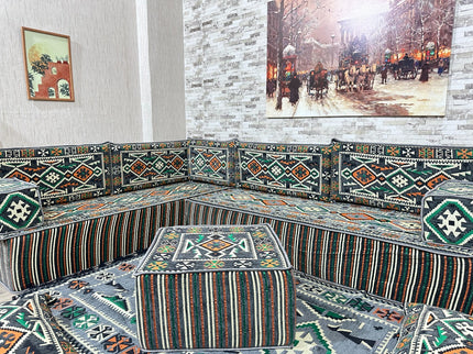 Arabische Majlis Sofa, L förmiges Orientalisches Sofa Set, Majlis-Sitzmöbel, Bodenkissen, Türkisches