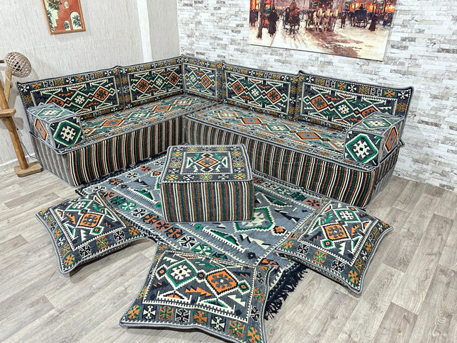 Arabische Majlis Sofa, L förmiges Orientalisches Sofa Set, Majlis-Sitzmöbel, Bodenkissen, Türkisches