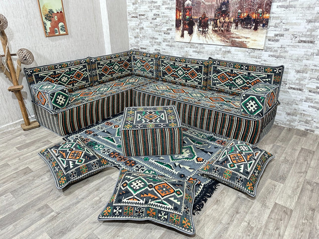 Arabische Majlis Sofa, L förmiges Orientalisches Sofa Set, Majlis-Sitzmöbel, Bodenkissen, Türkisches