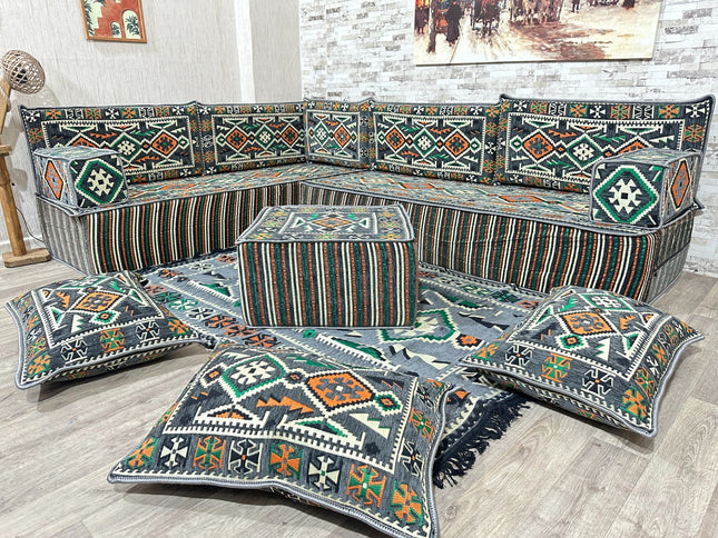 Arabische Majlis Sofa, L förmiges Orientalisches Sofa Set, Majlis-Sitzmöbel, Bodenkissen, Türkisches