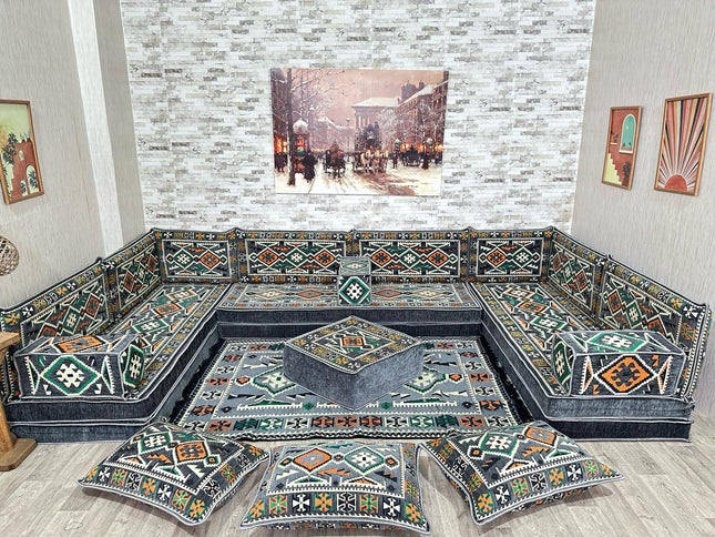 U förmiges orientalisches Sofa Set, Majlis-Sitzmöbel, Arabische Majlis, Bodenkissen, Türkisches Bode
