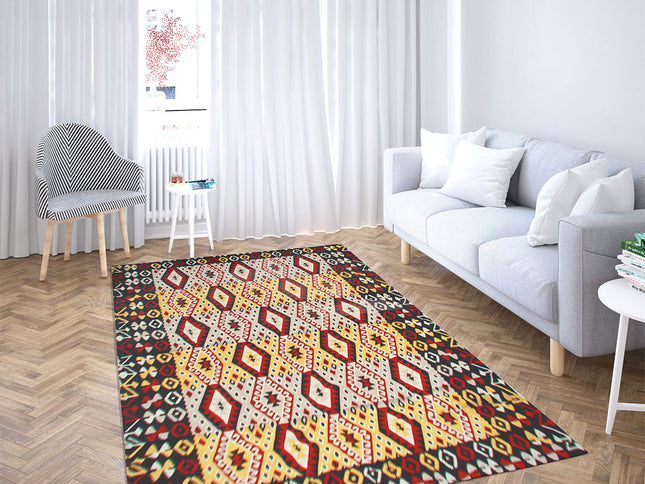 Anatolischer Kelim Teppich, Mehrfarbiger Woll-Jute-Kelim-Teppich, Handgefertigter Großer Kelim Teppi