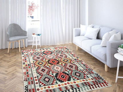 Anatolischer Kelim Teppich, Mehrfarbiger Woll-Jute-Kelim-Teppich, Handgefertigter Großer Kelim Teppi