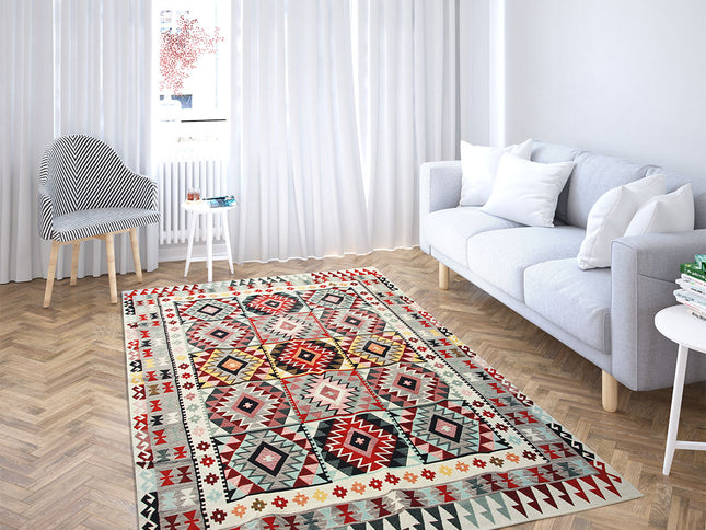 Anatolischer Kelim Teppich, Mehrfarbiger Woll-Jute-Kelim-Teppich, Handgefertigter Großer Kelim Teppi