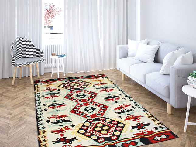 Anatolischer Kelim Teppich, Mehrfarbiger Woll-Jute-Kelim-Teppich, Handgefertigter Großer Kelim Teppi