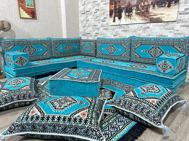 L förmiges orientalisches Sofa Set, Palettensofa, Bodenkissen, Arabische Majlis, Türkisches Boden Si