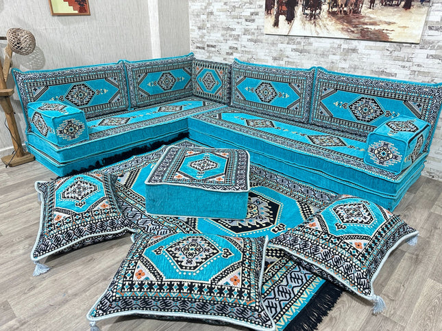 L förmiges orientalisches Sofa Set, Palettensofa, Bodenkissen, Arabische Majlis, Türkisches Boden Si