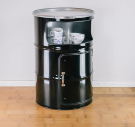  Einzigartiger Tonnentisch in Scharz Ölfasstisch Fassmöbel Minibar Minischrank Dekoschrank